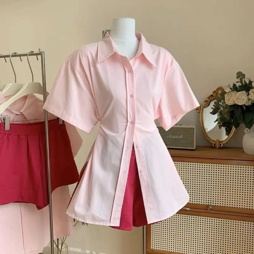 Set Bộ BigSize Áo Sơ Mi Ngắn Tay & Quần Short Lưng Thun Cúc Bấm Chiết Eo Form Siêu Tôn Dáng