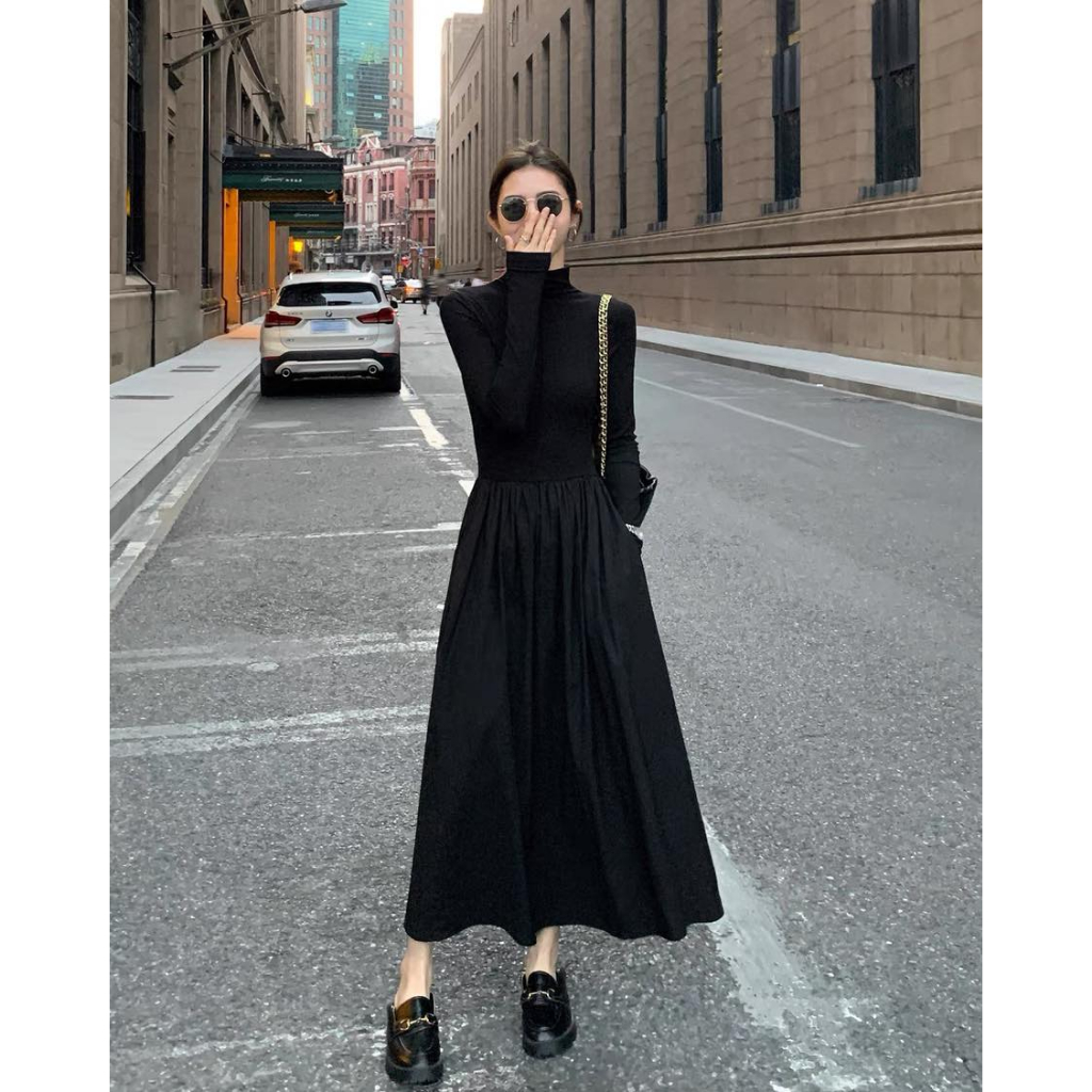 Váy cổ lọ nhún ly eo dài tay xoè Eclipse Clothing