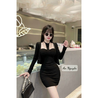 SET ĐẦM YẾM HAI DÂY ÔM BODY DÁNG NGẮN PHỐI ÁO KHOÁC LỬNG