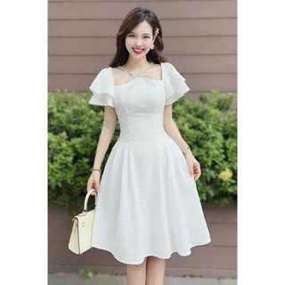 Đầm tiểu thư sang chảnh đi tiệc thời trang nữ chất gấm cổ vuông phối dây tay ngắn phồng phối bèo dáng váy dài xoè maxi