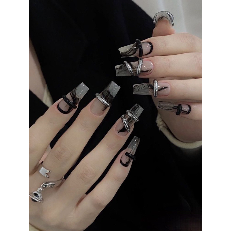 Nailbox  - Móng giả thiết kế✨Mẫu tone đen loang nổi metan, Silver, Black, tráng gương y2k✨ siêu hot💥✨ fake nails