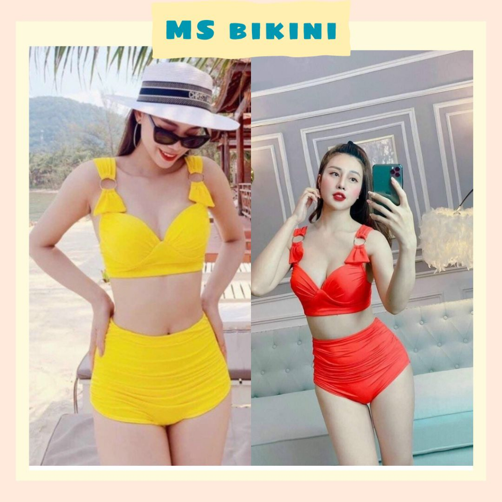 Bikini đi biển nữ đồ bơi 2 mãnh bikini nâng ngực quần cạp cao dây vai phối khoen Ms04