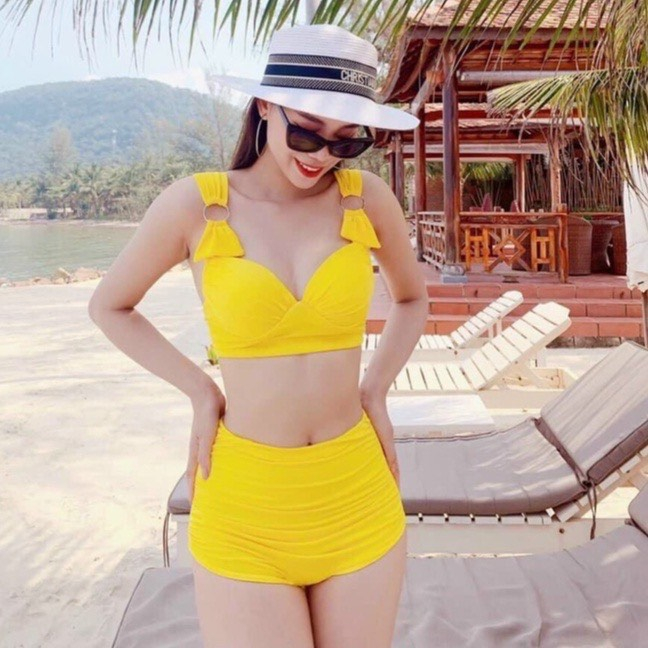 Bikini đi biển nữ đồ bơi 2 mãnh bikini nâng ngực quần cạp cao dây vai phối khoen Ms04