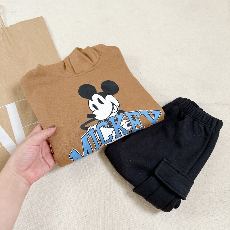 Set bộ hoodie Mickey nâu quần túi hộp cho bé trai siêu đẹp size từ 12-24 cân