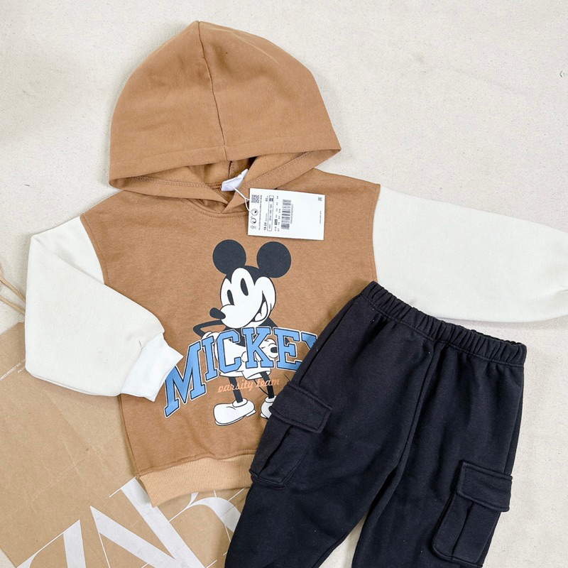 Set bộ hoodie Mickey nâu quần túi hộp cho bé trai siêu đẹp size từ 12-24 cân