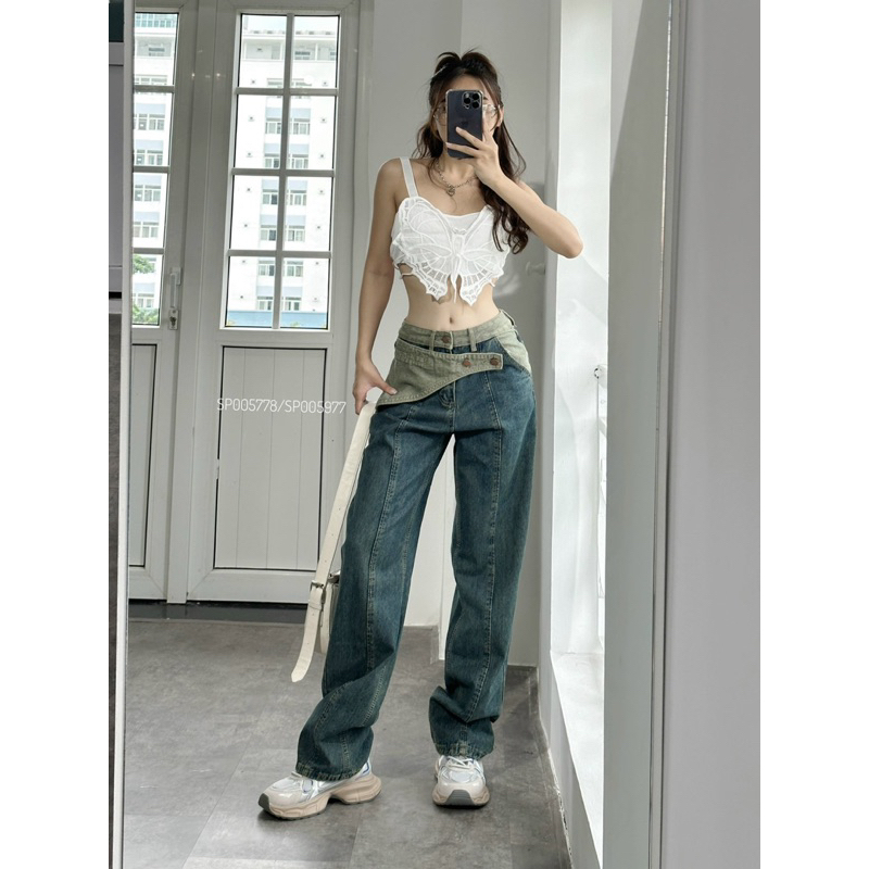 ✅Jean xanh vạt xanh chéo- SP005977