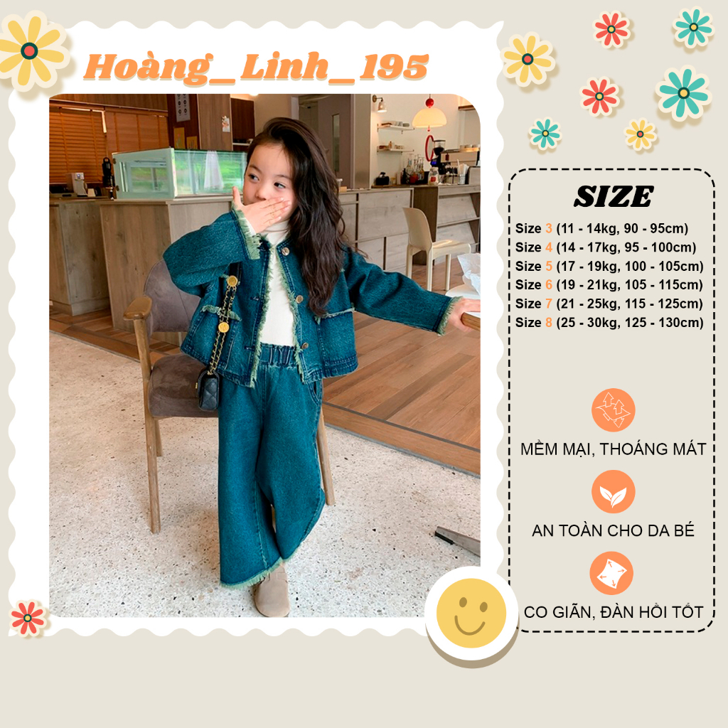 Set bộ áo khoác denim phối tua rua và quần jeans dài ống suông rộng lưng cao phong cách Hàn Quốc cho bé gái