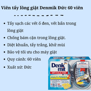 Viên tẩy rửa máy giặt  Denkmit Viên chống cặn vôi - chống bụi bẩn Bảo vệ cặn vôi đáng tin cậy cho máy và đồ giặt - 60v