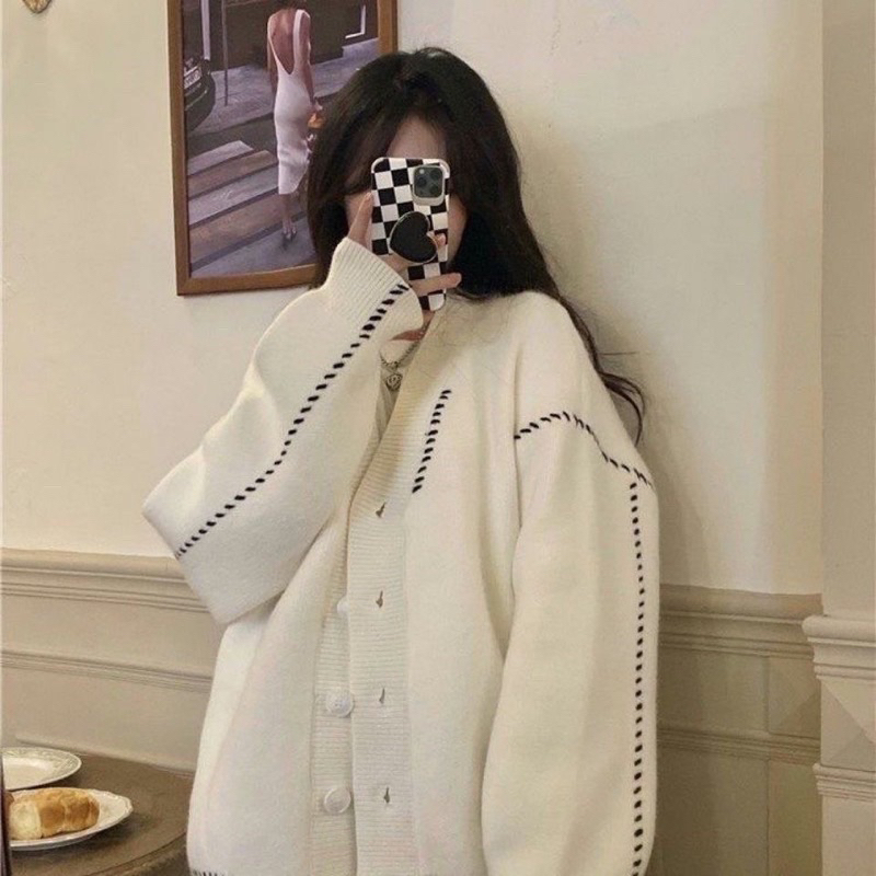 Áo Khoác Cardigan Nỉ Cổ V Kẻ Ô Nâu Trắng Cúc Dọc Dáng Rộng Tay Bo Cực Xinh