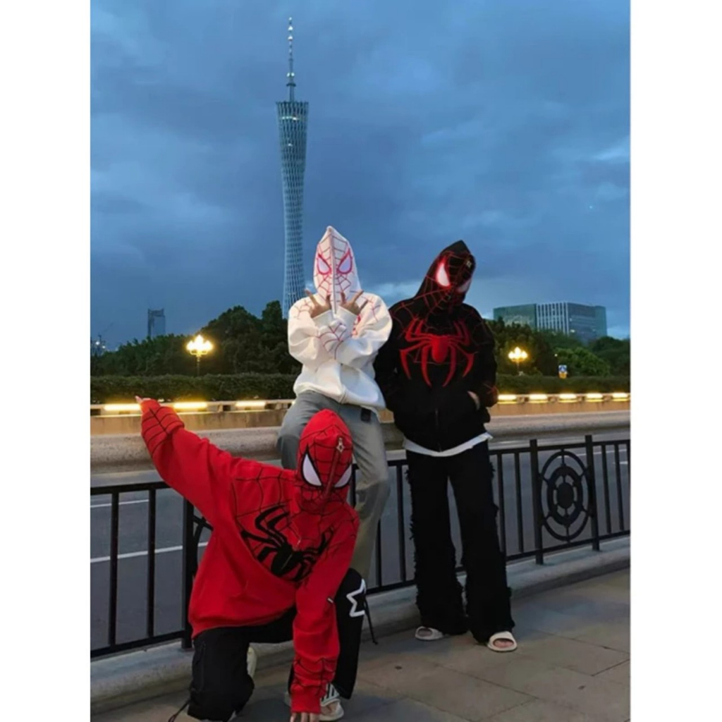 Áo hoodie màng nhện đỏ ảnh thật, Áo khoác nhện mũ kéo khoá trùm đầu hình mặt siêu nhân nam nữ mặc đôi siêu trẻ trunh