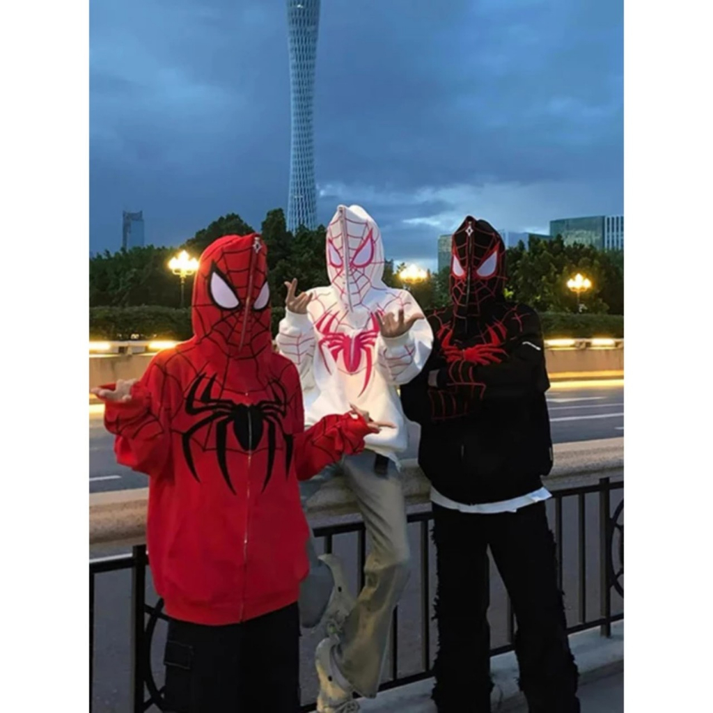 Áo hoodie màng nhện đỏ ảnh thật, Áo khoác nhện mũ kéo khoá trùm đầu hình mặt siêu nhân nam nữ mặc đôi siêu trẻ trunh