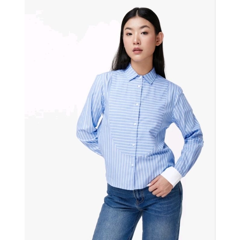 TheBlueTshirt - Áo sơ mi nữ sọc xanh - Morden Tuxedo Shirt - CCR Blue