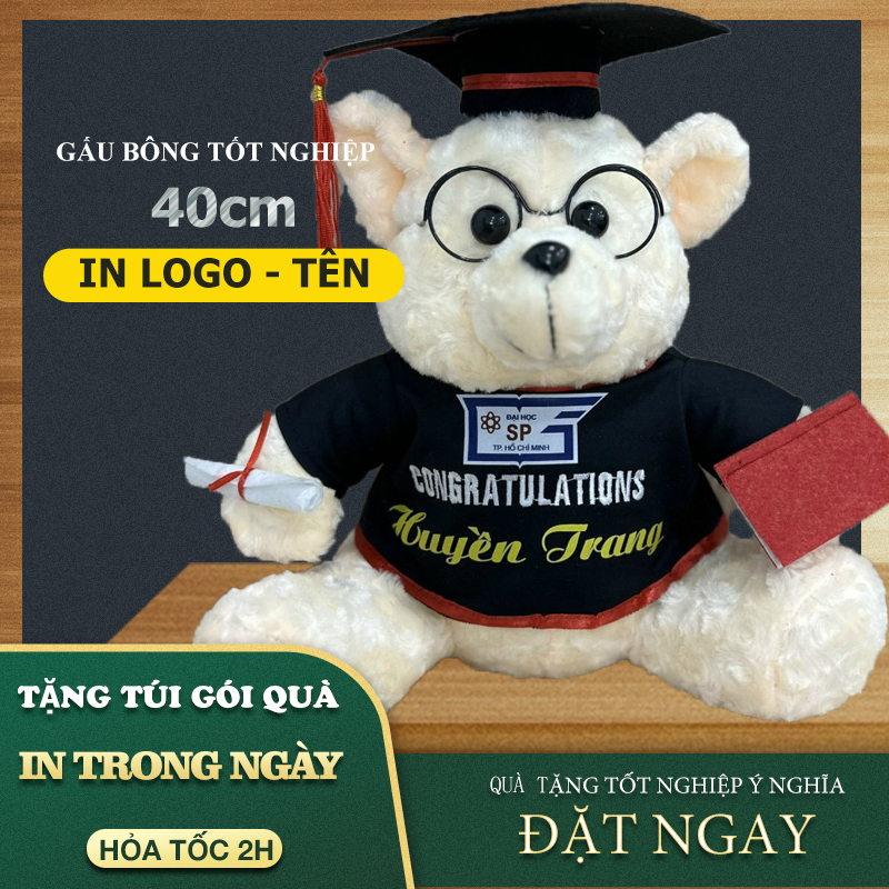 Gấu bông tốt nghiệp 40cm lông xù giá sỉ, tặng giấy gói quà