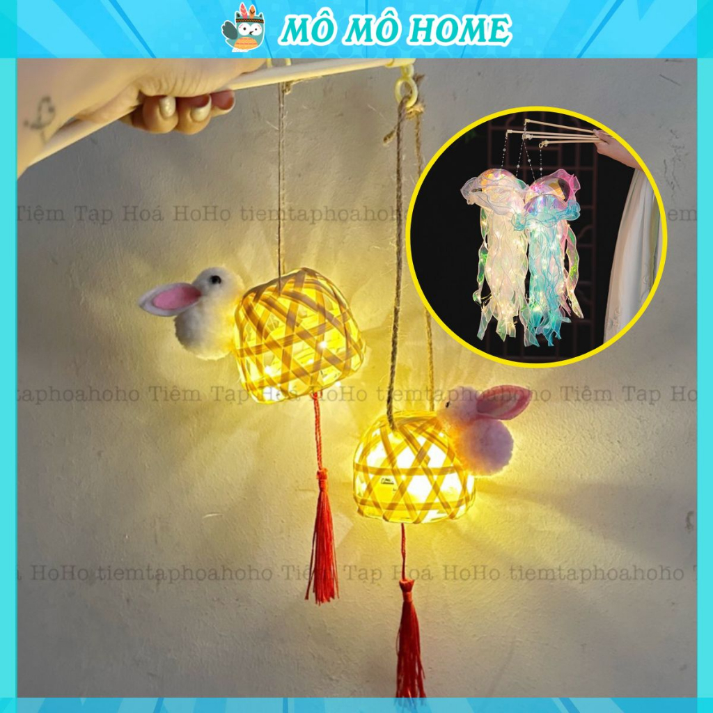Lồng đèn con thỏ giỏ tre sứa trung thu lồng đèn hình con vật đáng yêu, phát sáng cho bé nhiều mẫu