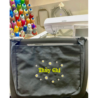 Túi tote thêu tên theo yêu cầu, vải canvas, hoạ tiết hoa cúc hoạ mi