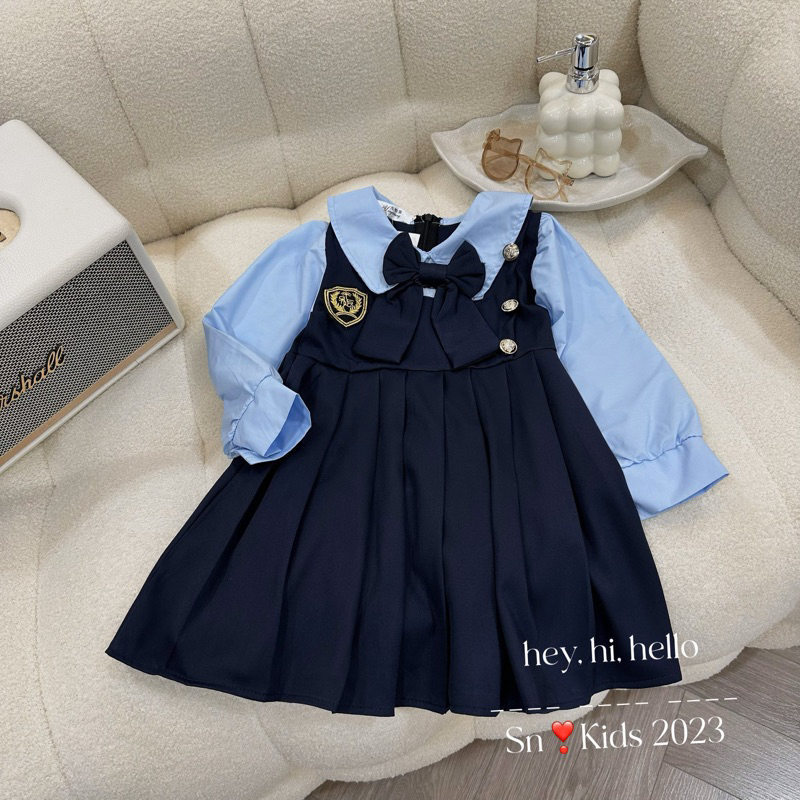 Bộ sơ mi cổ sen váy xếp ly đính nơ, đồng phục xinh cho bé gái đi học đi chơi