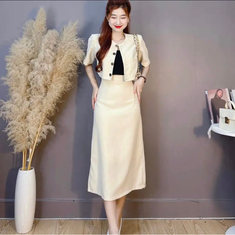 Set áo vest và chân váy chữ A nhung mịn
