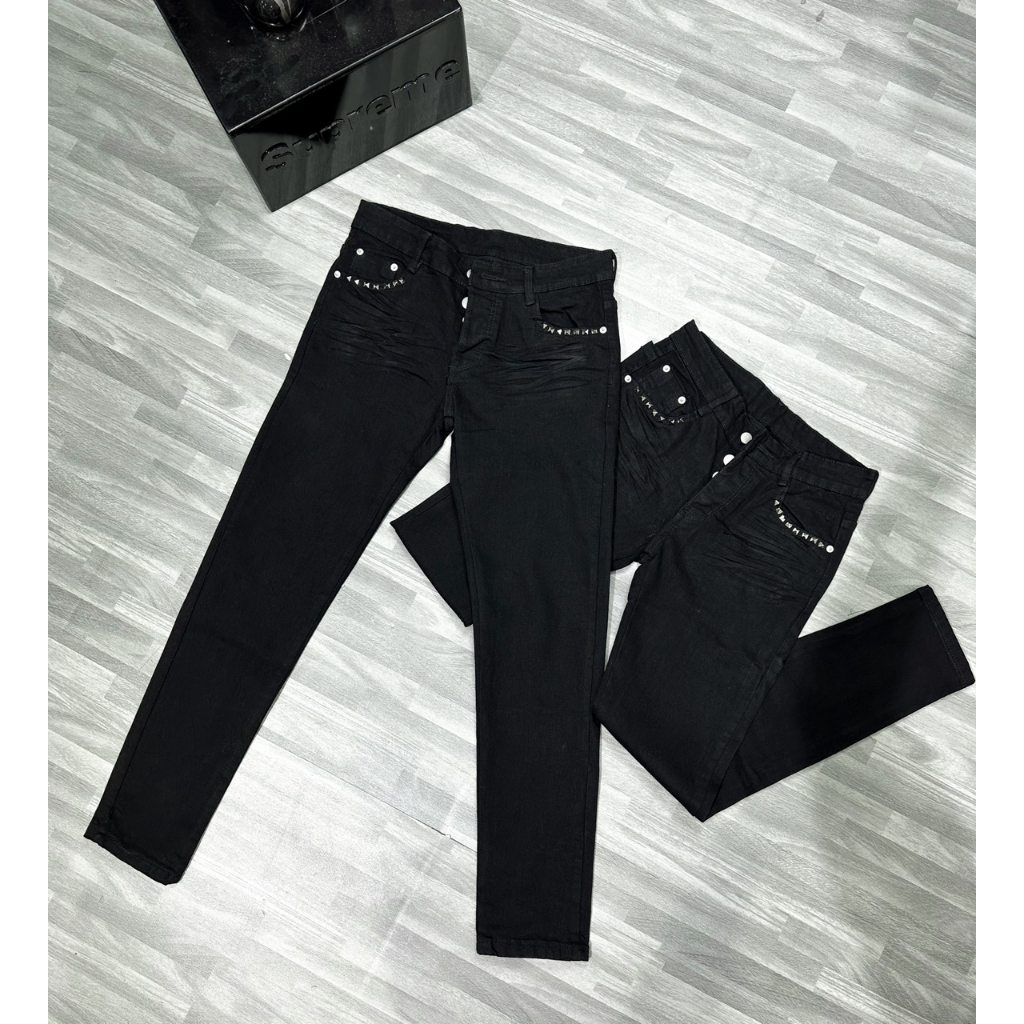 Quần jean nam amiri đen trơn đính đá dập nhăn 4 cúc boy phố