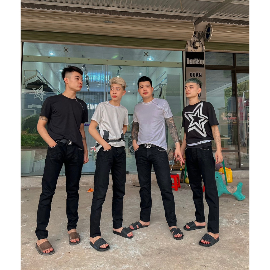 Quần jean nam amiri đen trơn đính đá dập nhăn 4 cúc boy phố