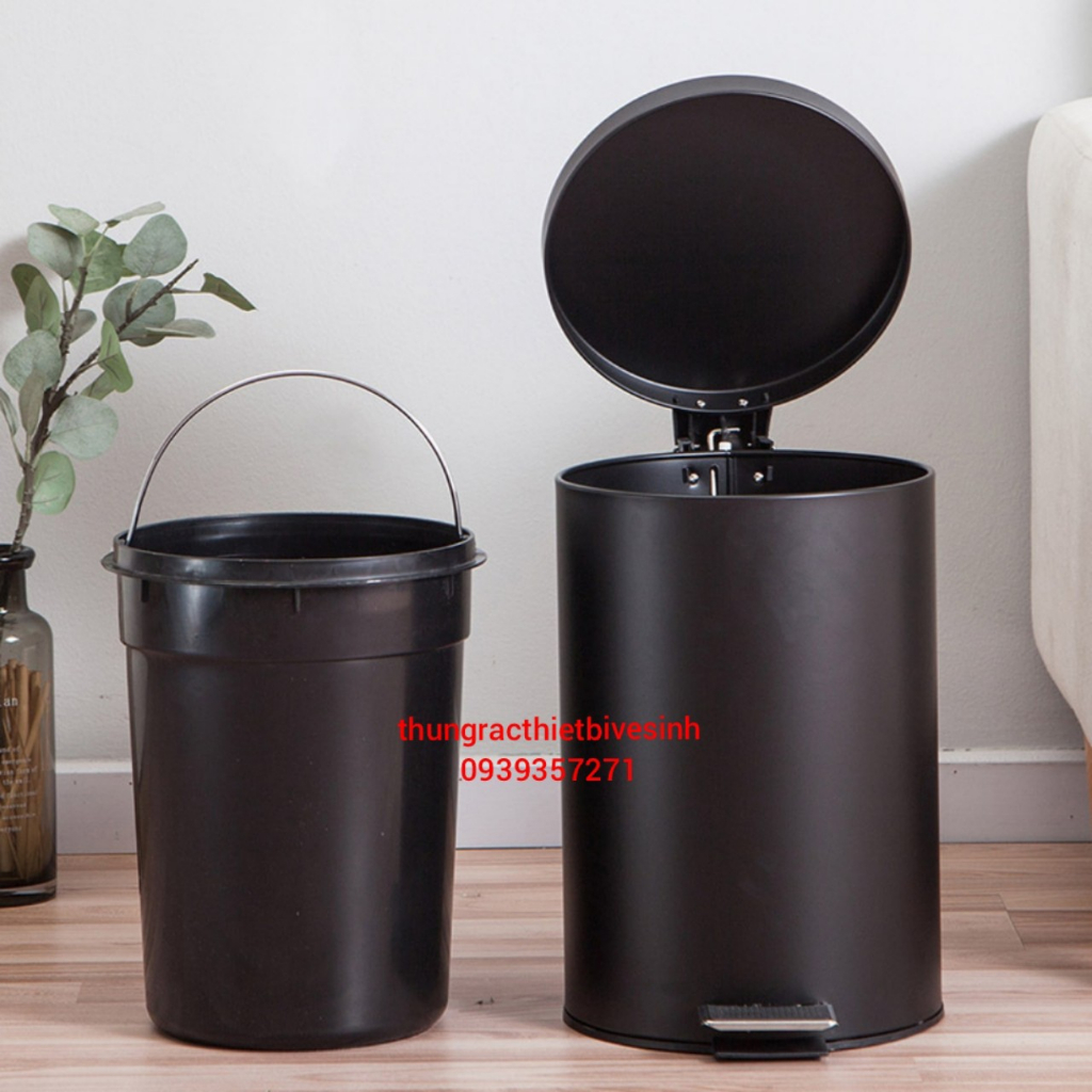 Thùng rác inox đạp chân 5- 8 lít đen chính hãng thùng rác có nắp tiện lợi chuyên dùng cho văn phòng