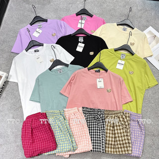 Set bộ áo cotton tàu phối mặt gấu thêu quần đũi kẻ