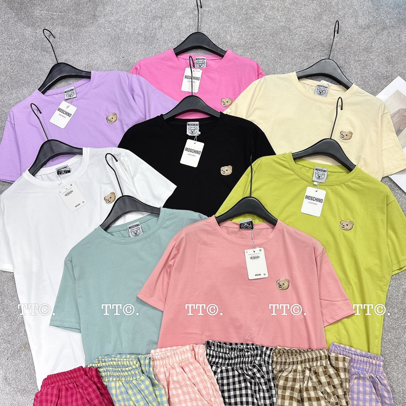 Set Bộ Áo Cotton Tàu Phối Mặt Gấu Thêu Quần Đũi Kẻ