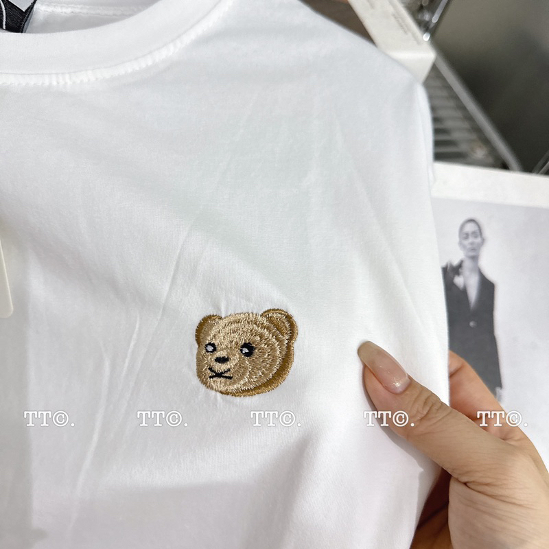 Set Bộ Áo Cotton Tàu Phối Mặt Gấu Thêu Quần Đũi Kẻ