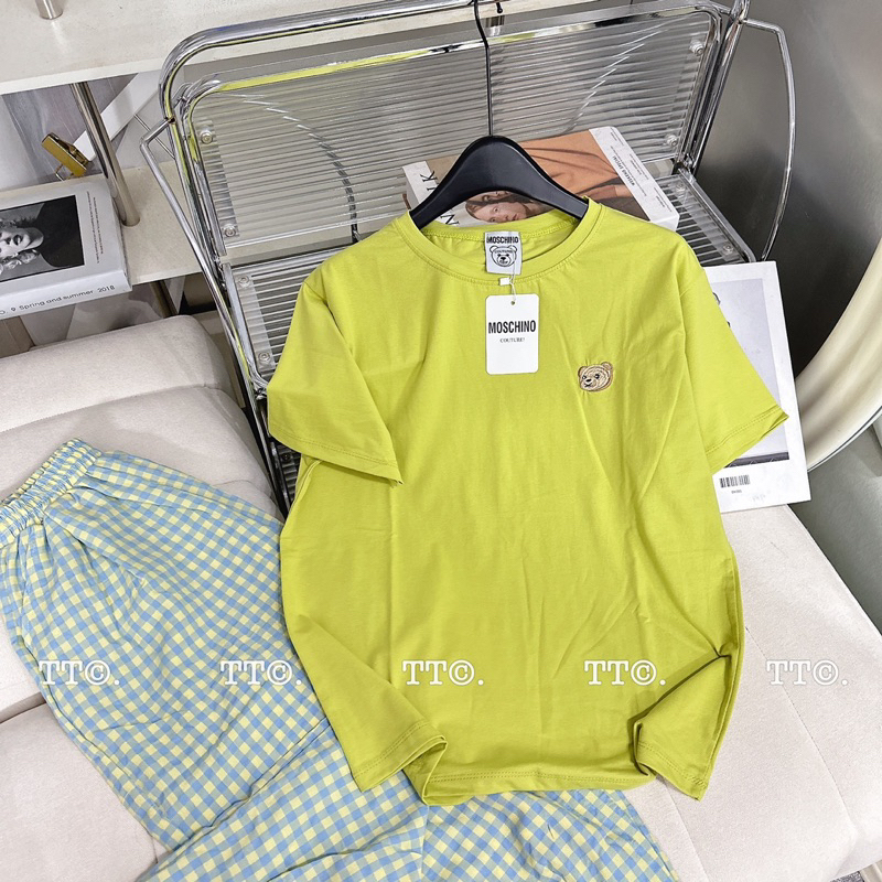 Set Bộ Áo Cotton Tàu Phối Mặt Gấu Thêu Quần Đũi Kẻ