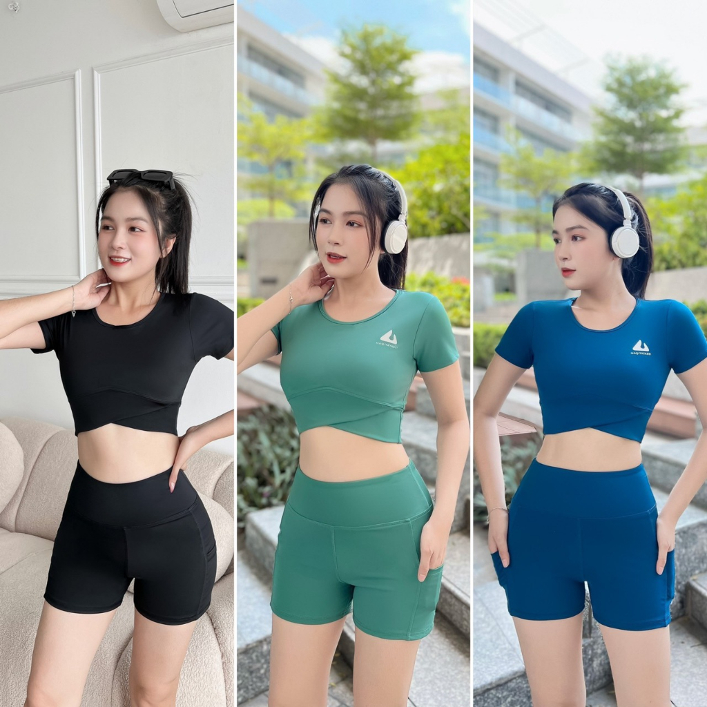 Bộ cộc áo croptop + quần túi tập gym yoga aerobic nữ vải thun poly cao cấp- đồ tập gym yoga nữ