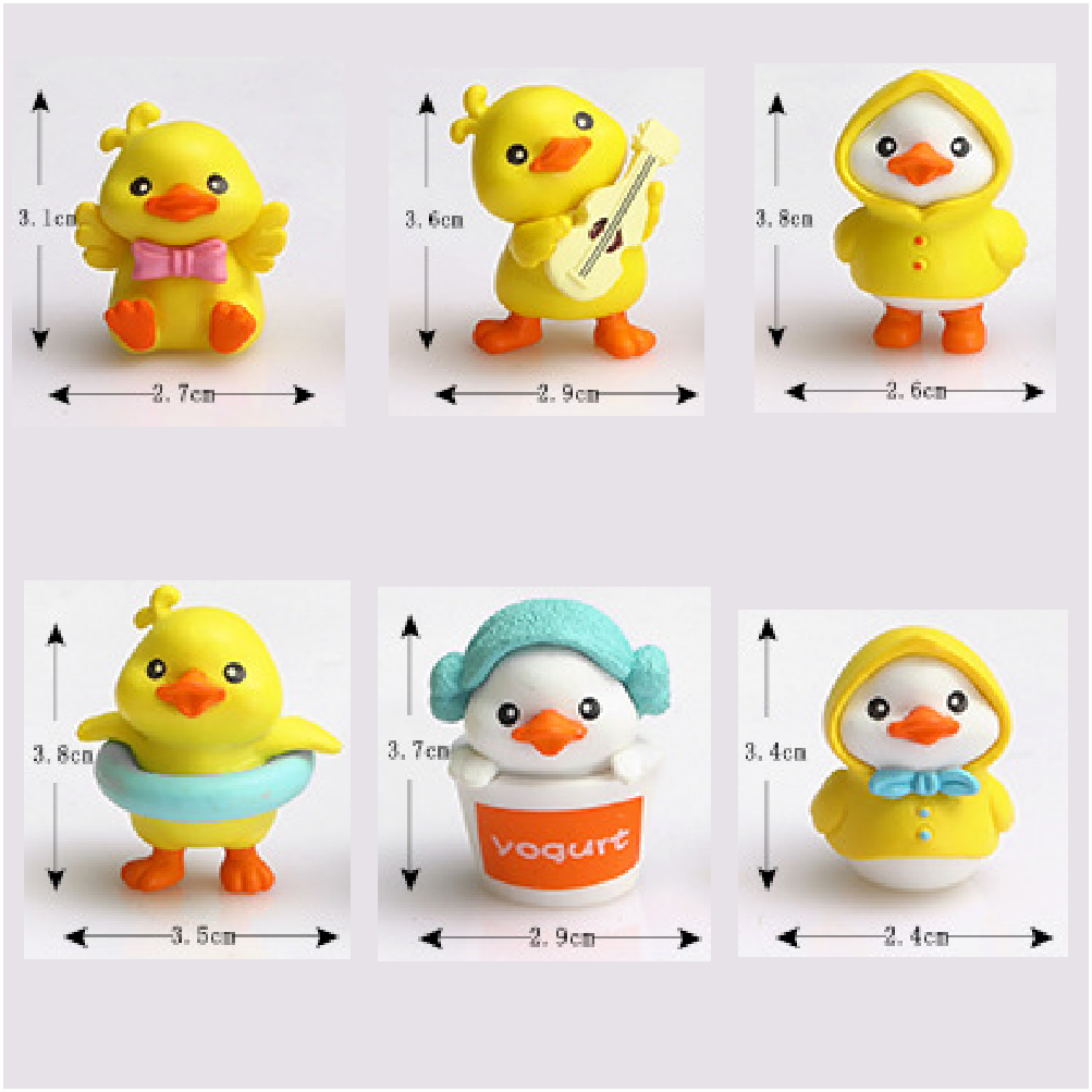 Bộ 6 vịt trang trí tap lô ô tô, gắn mũ bảo hiểm, gắn xe máy, xe đạp. Trang trí tiểu cảnh, bàn làm việc, góc học tập.