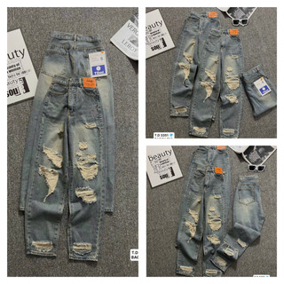 Quần jeans baggy nữ rách nhiều mảng màu bụi lạ chất dày đẹp