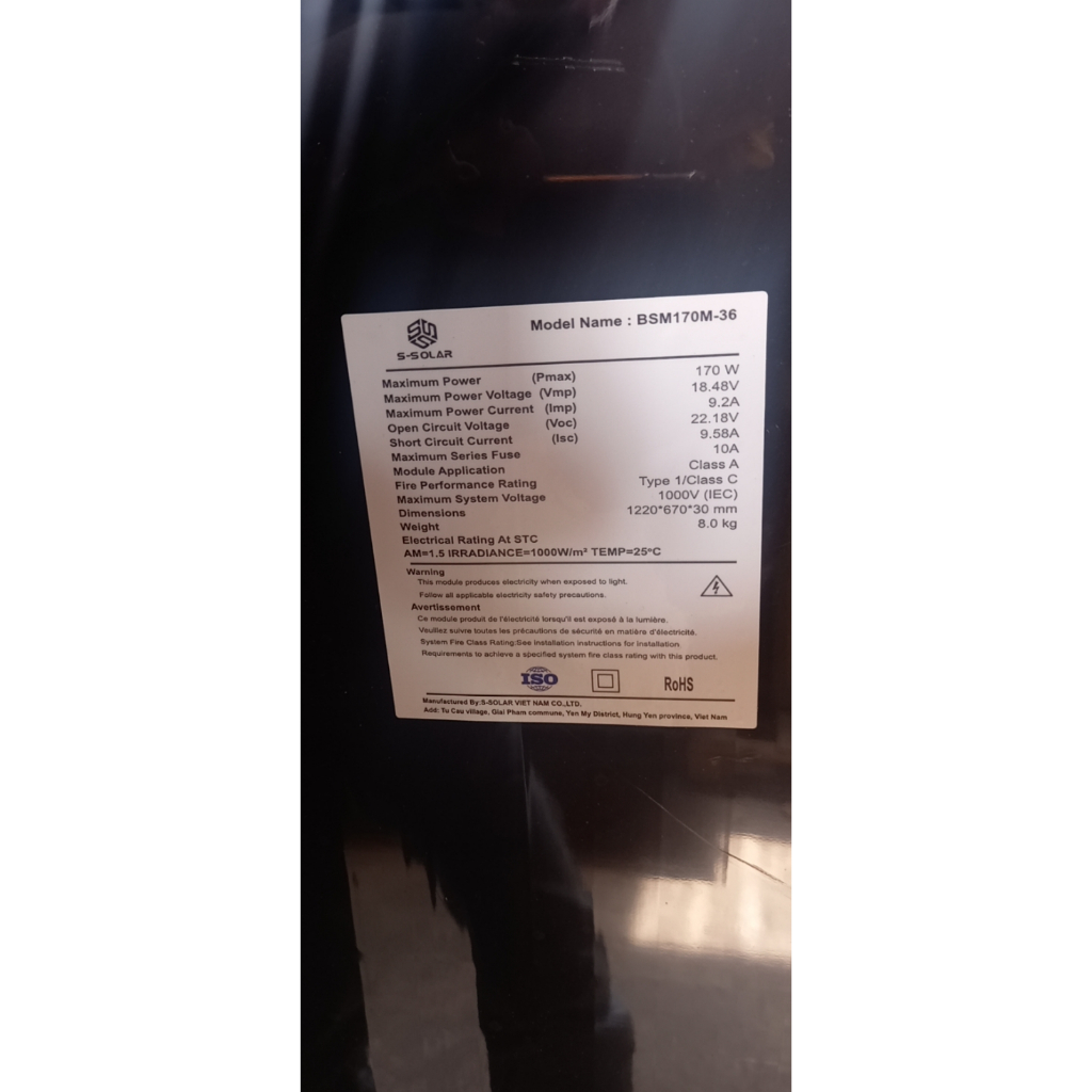Tấm pin NLMT Mono S-Solar - Bluesun sản xuất 170W công nghệ mới 12BB  Tặng kèm MC4 nối dây