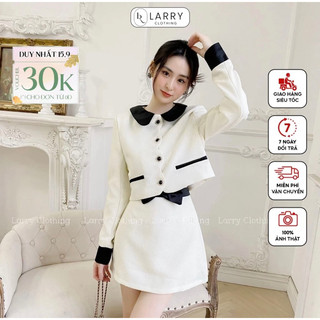 set dạ tweed nữ thiết kế tay dài màu trắng cổ đen kèm chân váy tiểu thư thời trang hàng thiết kế