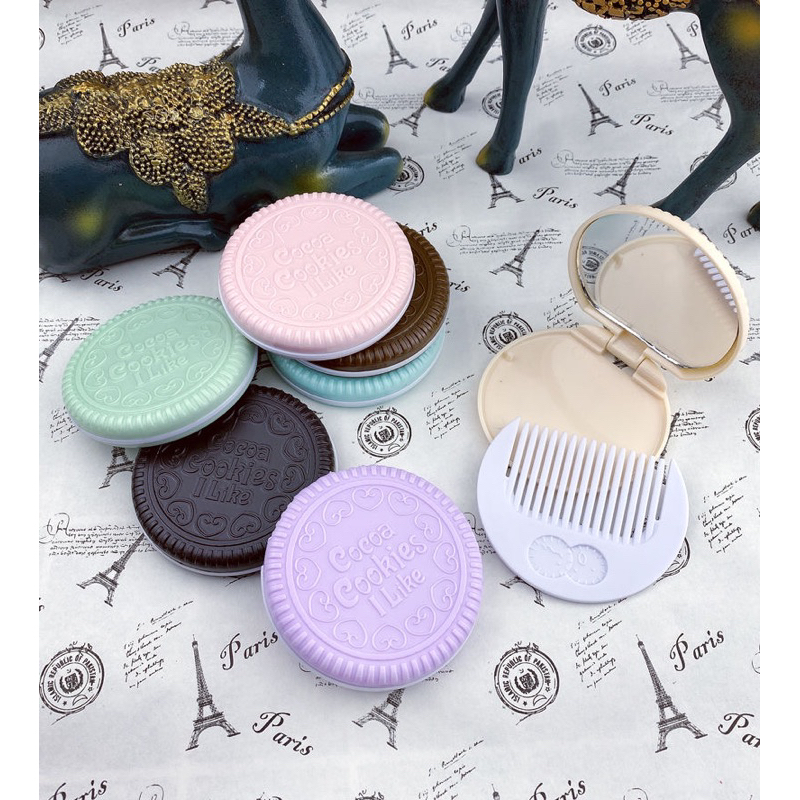 Gương trang điểm Bánh Quy Dễ Thương nắp gập kèm lược Nhiều Màu Sắc Pastel