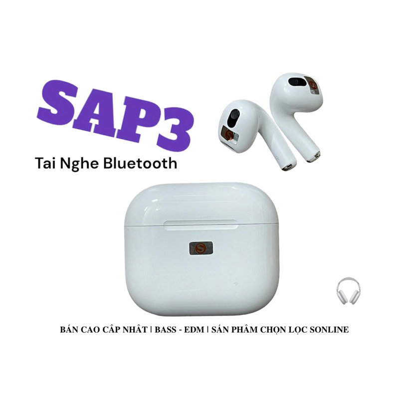 Tai nghe bluetooth 5.0 hãng S thế hệ 3 SAP3 màu trắng pin 8h, đổi tên, định vị, cảm ứng lực, thiết kế mới, chip hổ vằn