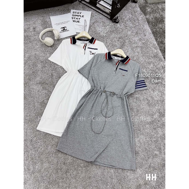 Đầm thun cổ bẻ rút eo ngực phối hình chó sang trọng VIENS STORE