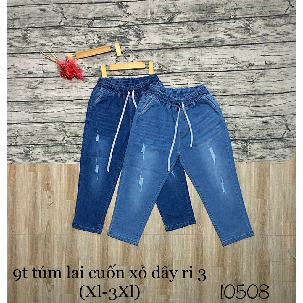 Quần baggy jean nữ 9 tấc mẫu cào rách nhẹ vải co giãn lưng thun buộc dây 2 màu