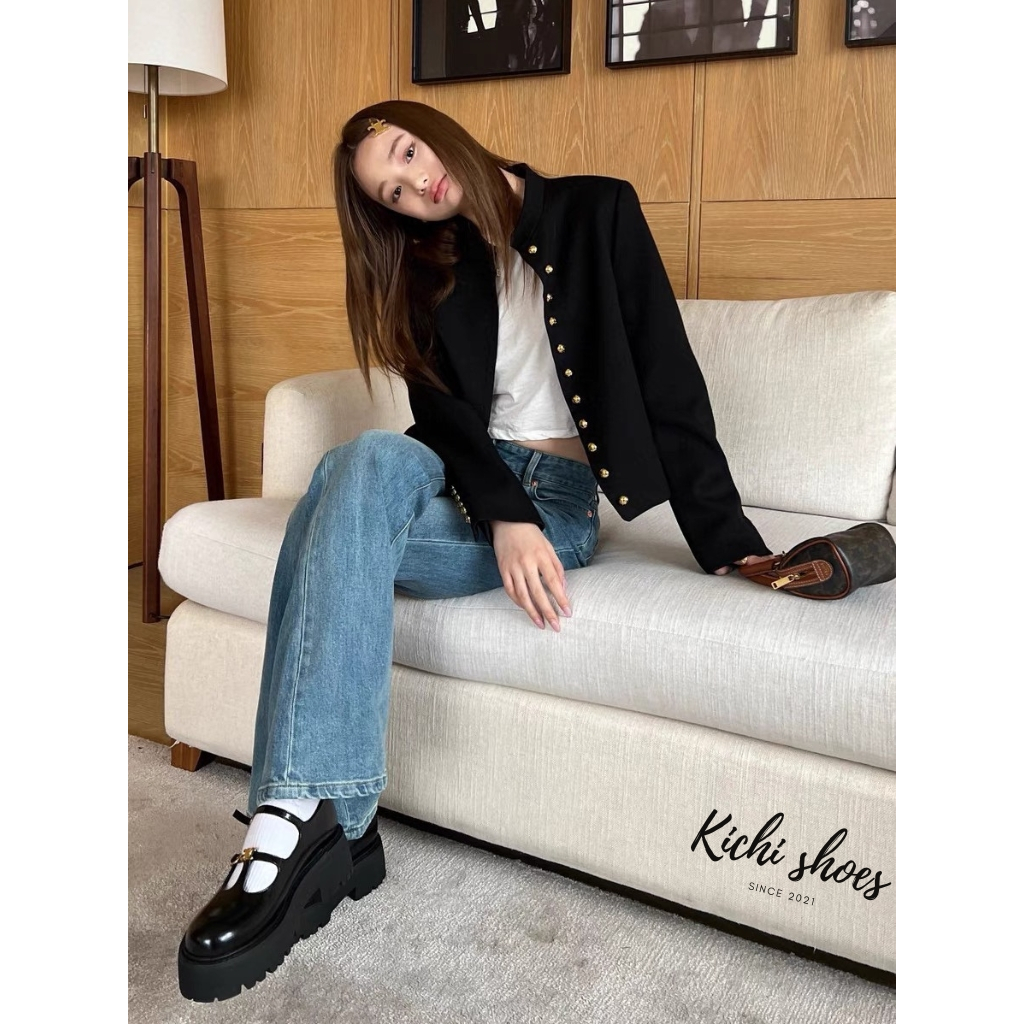 Giày búp bê mũi tròn đế dày hai dây ngang họa tiết Giày Lisa lolita tiểu thư sang Kichi Shoes mã 1040