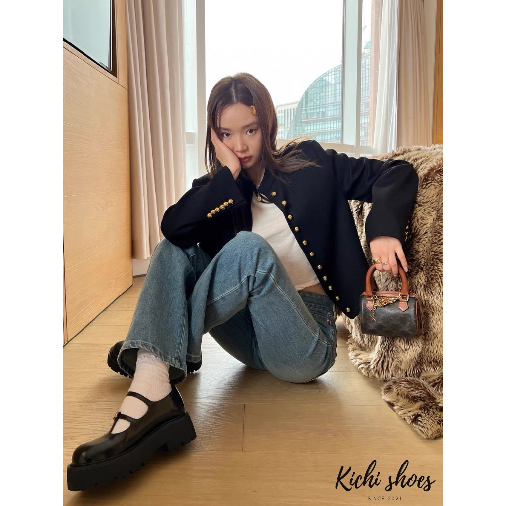 Giày búp bê mũi tròn đế dày hai dây ngang họa tiết Giày Lisa lolita tiểu thư sang Kichi Shoes mã 1040