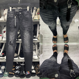 Quần jean bò nam Dsq2 biker slimfit rách xước tua xù thủng 1 bên gối thêu chữ viền túi móc treo dây QJ332P