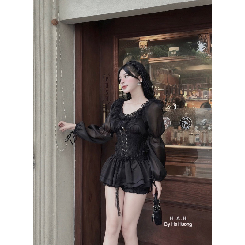Áo sơmi kiểu ren bèo phối tơ đan dây siêu xinh mix đồ tiểu thư