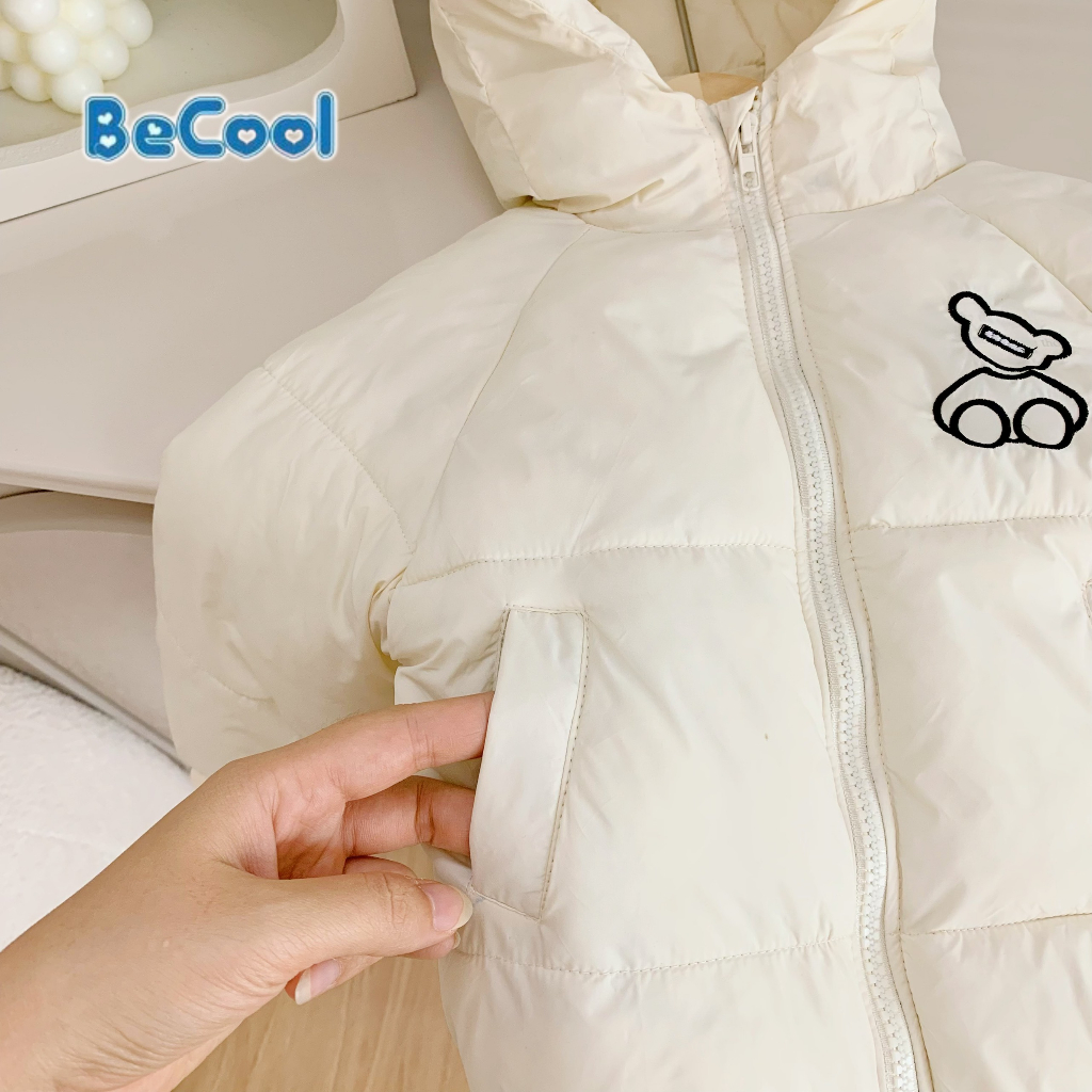 Áo phao siêu nhẹ cho bé,áo khoác bông bé trai bé gái siêu mềm THÊU GẤU dễ thương có mũ khóa kéo, may đẹp - BeCool 7-27kg