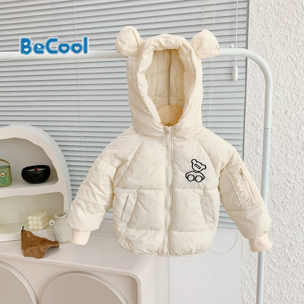 Áo phao siêu nhẹ cho bé,áo khoác bông bé trai bé gái siêu mềm THÊU GẤU dễ thương có mũ khóa kéo, may đẹp - BeCool 7-27kg