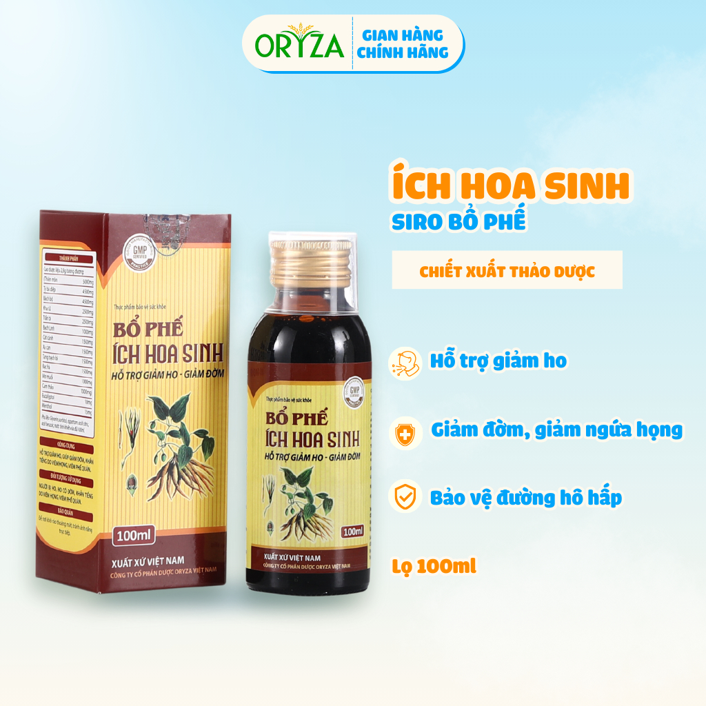 Siro bổ phế Ích Hoa Sinh ORYZA PHARMA thành phần tự nhiên giúp giảm ho khan, ho có đờm, an toàn cho bé - Lọ 100ML