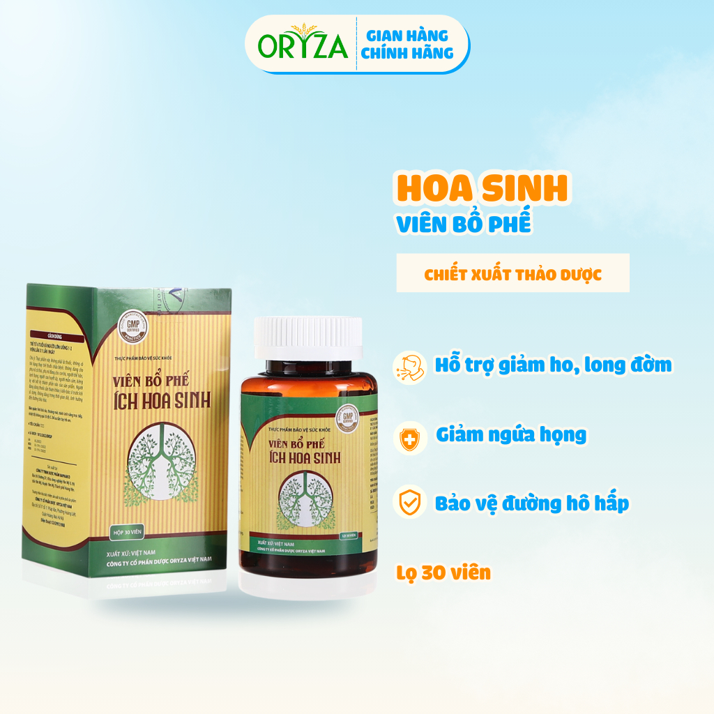 Viên bổ phế Hoa Sinh ORYZA PHARMA - Giảm đau rát họng, phổ bế, loãng đờm, giảm ho- Lọ 30 viên