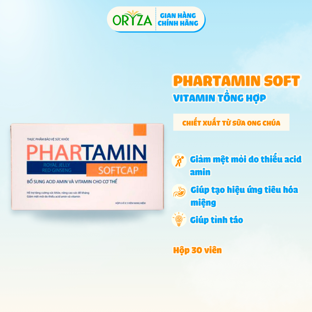 Vitamin tổng hợp Phartamin Soft ORYZA PHARMA Bổ sung Acid Amin, giảm căng thẳng mệt mỏi, hộp 30 viên