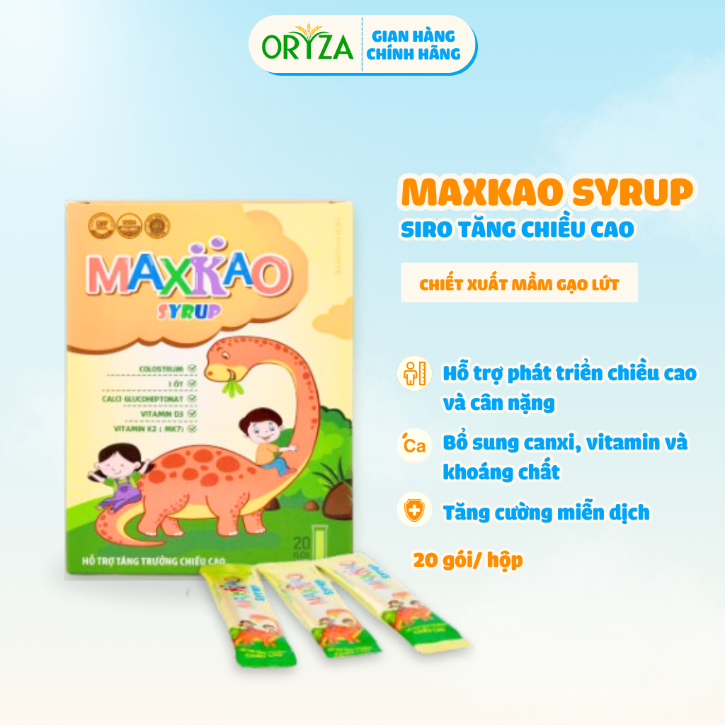 Tăng chiều cao Maxkao Syrup ORYZA PHARM giúp bổ sung canxi, vitamin và khoáng chất giúp xương phát triển Hộp 20 gói