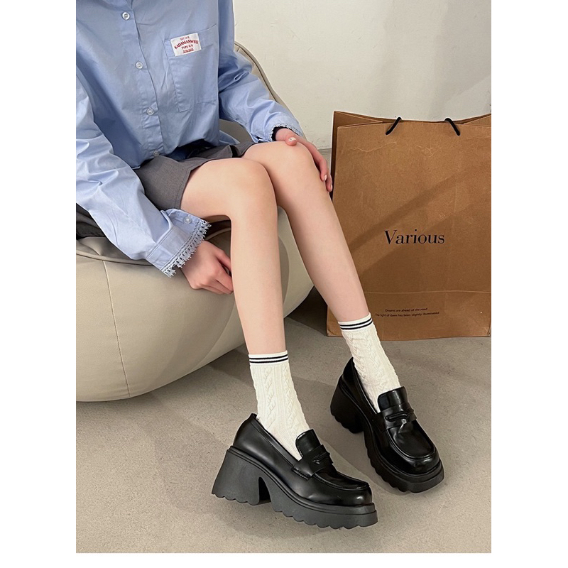 Giày Loafer nữ đế lượn sóng cao 7cm phong cách hàn quốc da lì và da bóng ulzzang đi học đi chơi