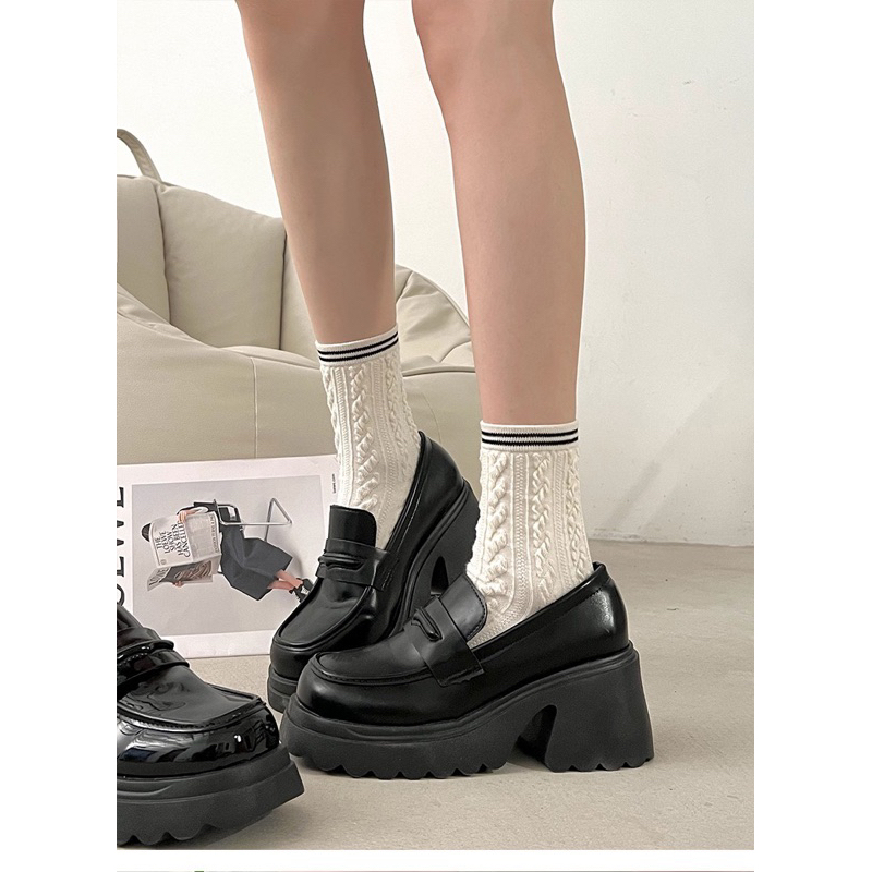 Giày Loafer nữ đế lượn sóng cao 7cm phong cách hàn quốc da lì và da bóng ulzzang đi học đi chơi