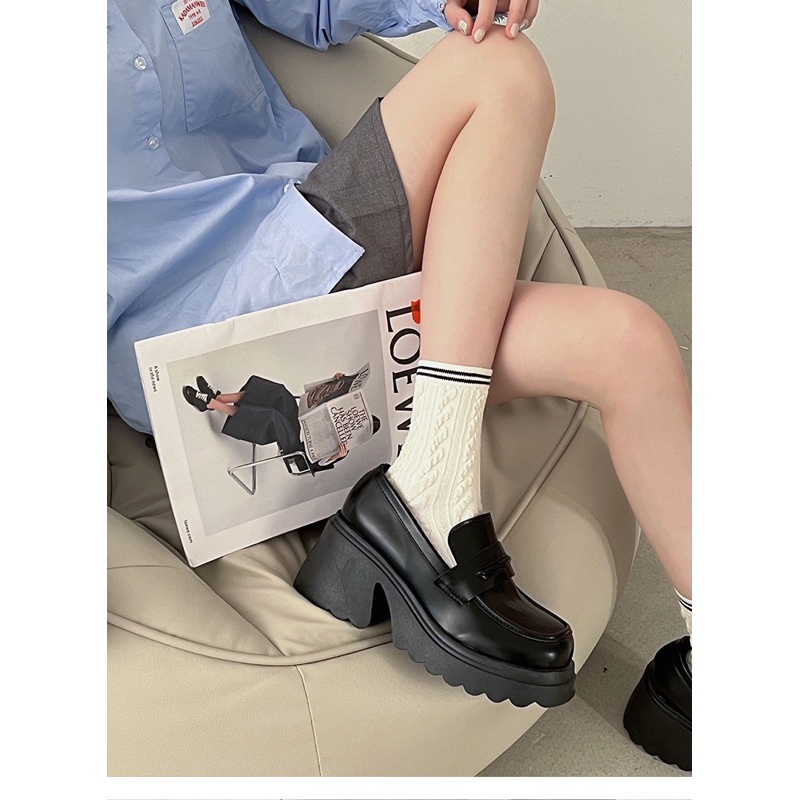 Giày Loafer nữ đế lượn sóng cao 7cm phong cách hàn quốc da lì và da bóng ulzzang đi học đi chơi